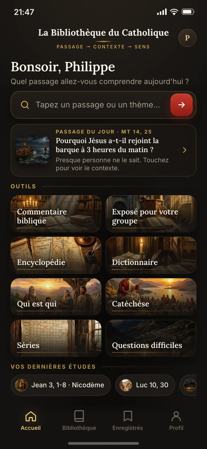 L'appli La Bibliothèque du Catholique : la recherche de passages et les 8 outils